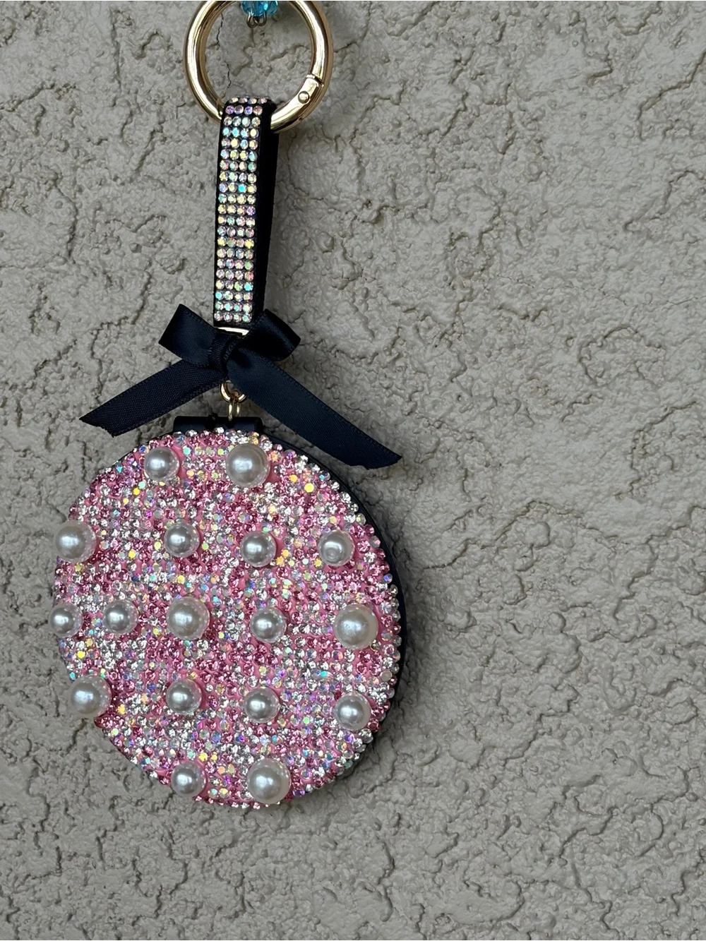 Bedazzled Pink Pearl & Crystal Round Keychain/Mirror